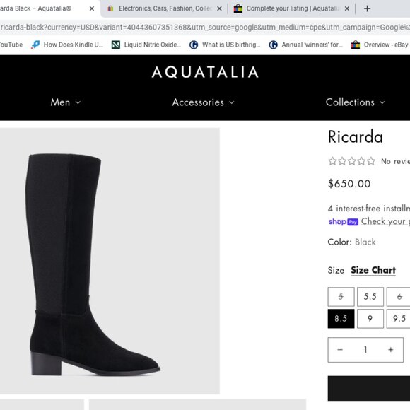 Aquatalia Ricarda Tall Black Suede Weatherproof Low Heel Boots 8.5M MSRP $650EUC - Picture 1 of 10